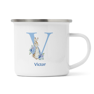 personalised blue rabbit letter v enamel mug