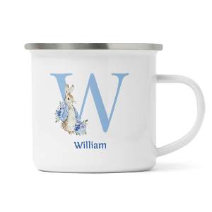 personalised blue rabbit letter w enamel mug