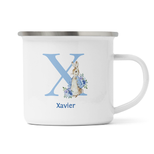 personalised blue rabbit letter x enamel mug