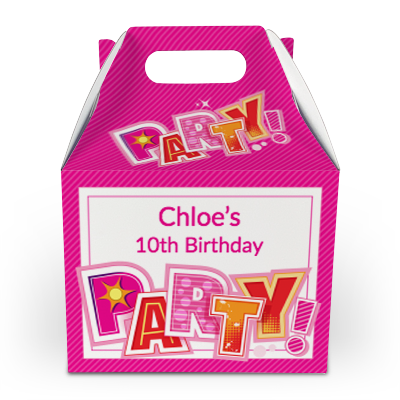 pink party lettering party boxes