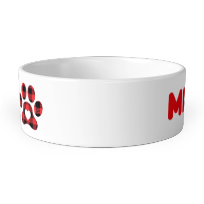 personalised red tartan paw print pet bowl