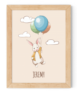 personalised bunny holding balloons framed wall art