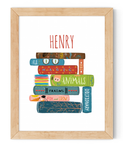 personalised boys stack of books framed wall art