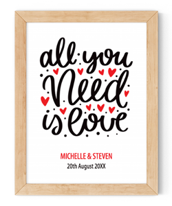 personalised all you need is love framed wall art