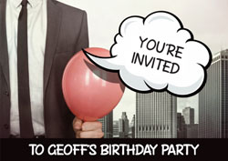 man and balloon party invitations