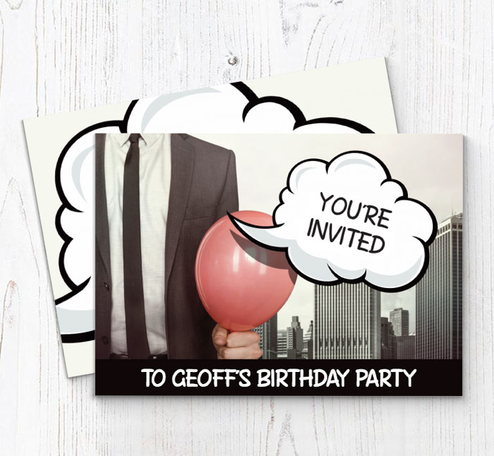 man and balloon party invitations