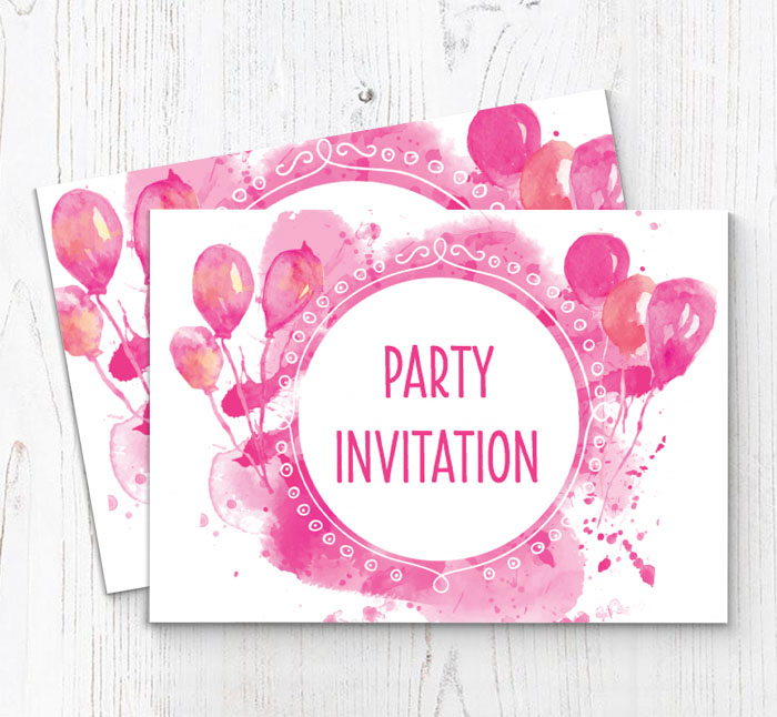 pink watercolour balloons invitations