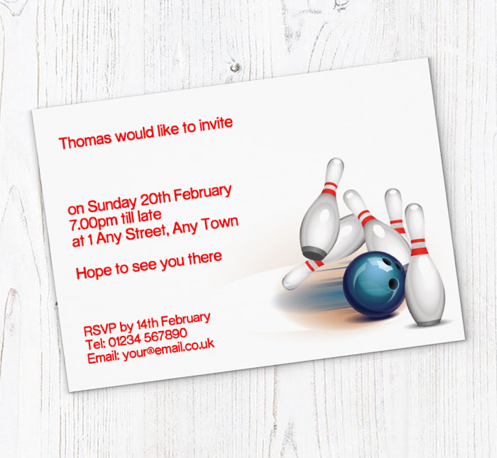 white bowling party invitations