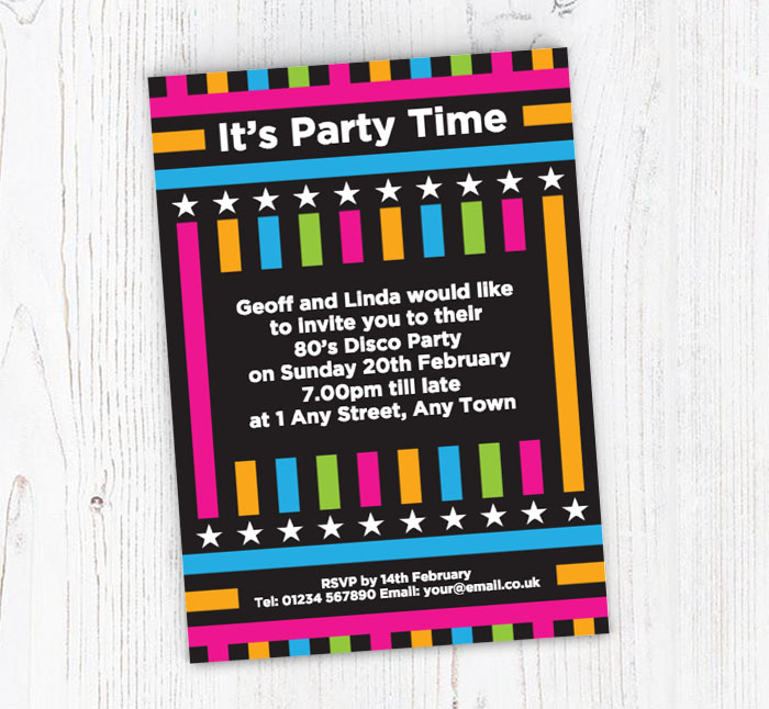 80s neon disco party invitations