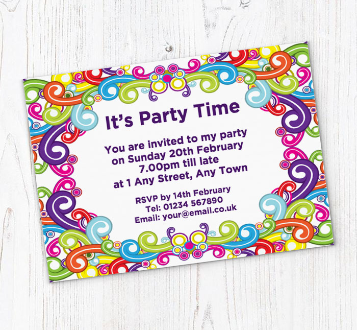 colourful swirls party invitations