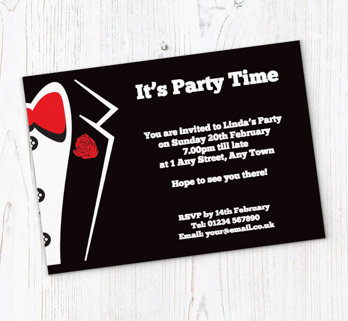 tuxedo with red bow tie invitations