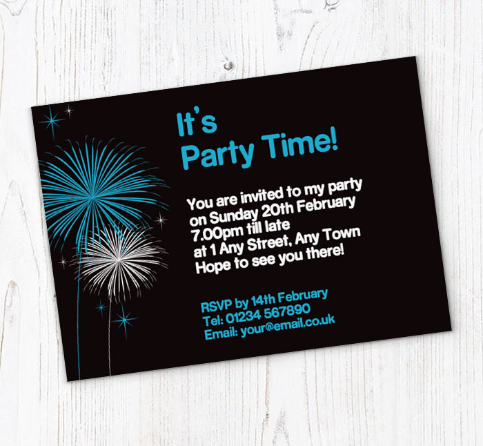 blue and white fireworks invitations