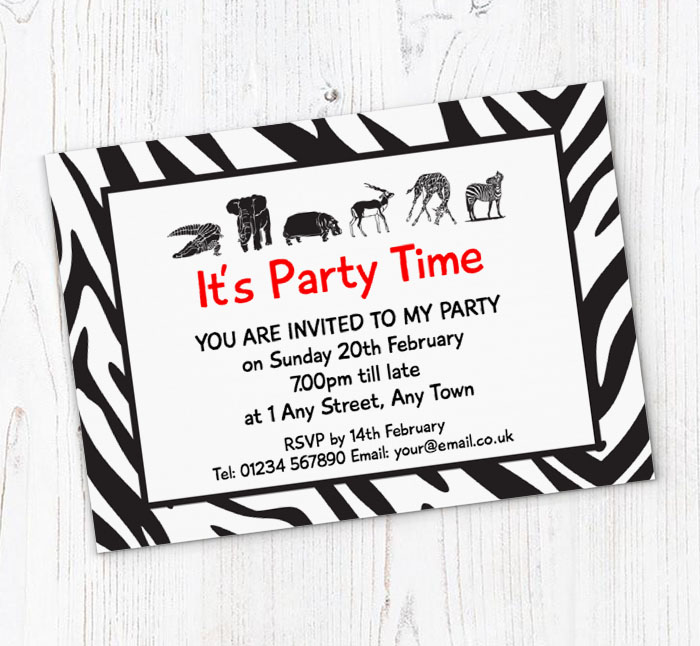 black and white animals invitations