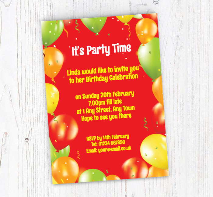 party balloons on red invitations