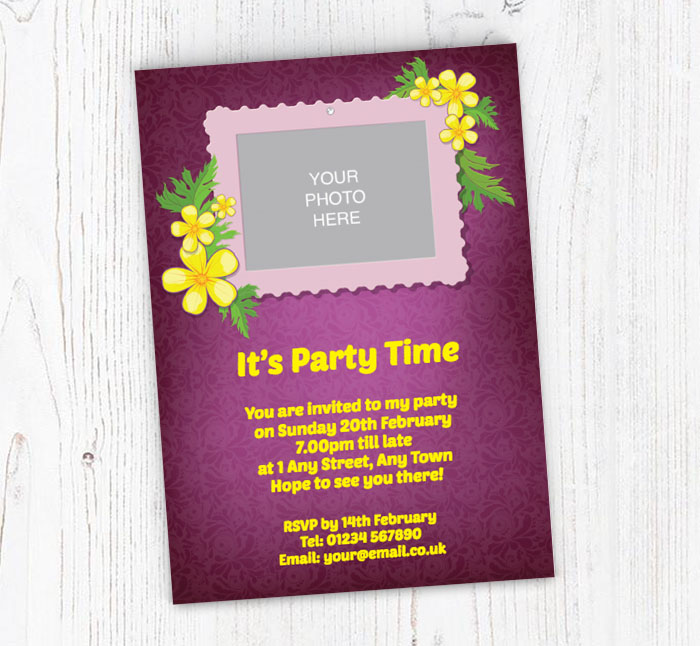 purple photo upload party invitations
