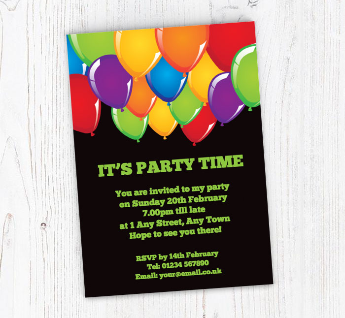 multi coloured balloons invitations