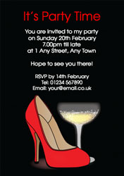 red shoe and champagne invitations