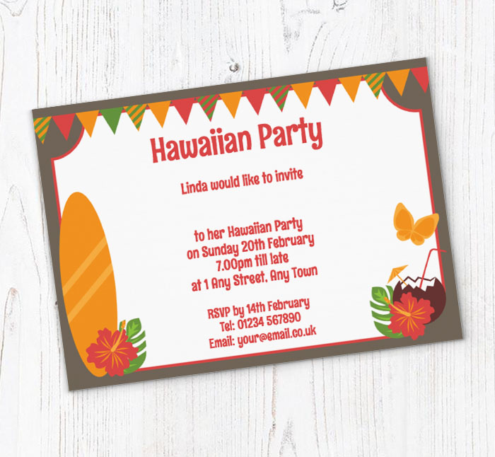 brown and red hawaiian invitations