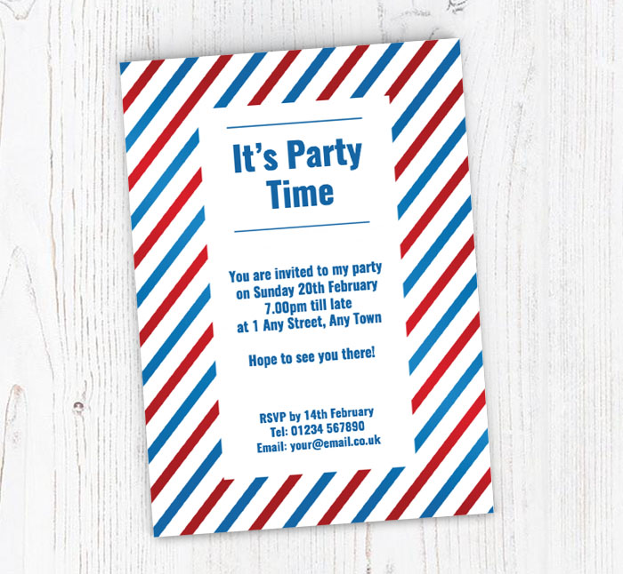 blue and red striped party invitations