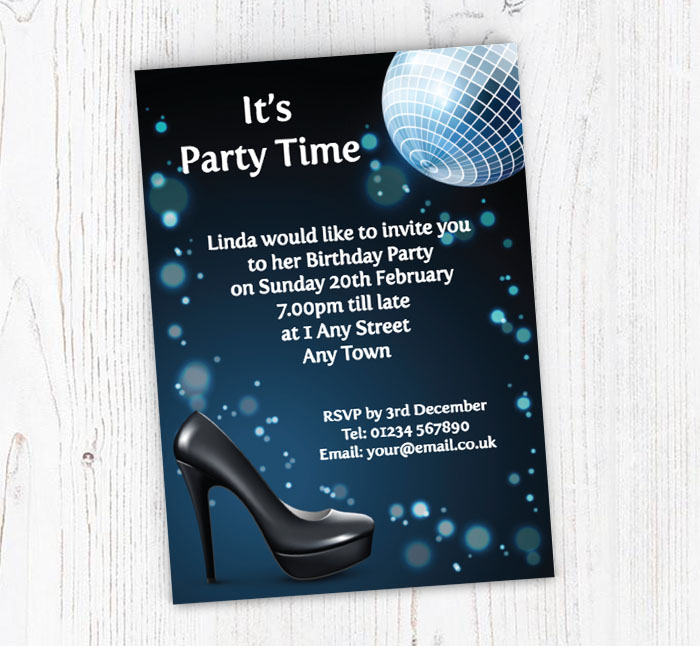 shoe and glitter ball invitations