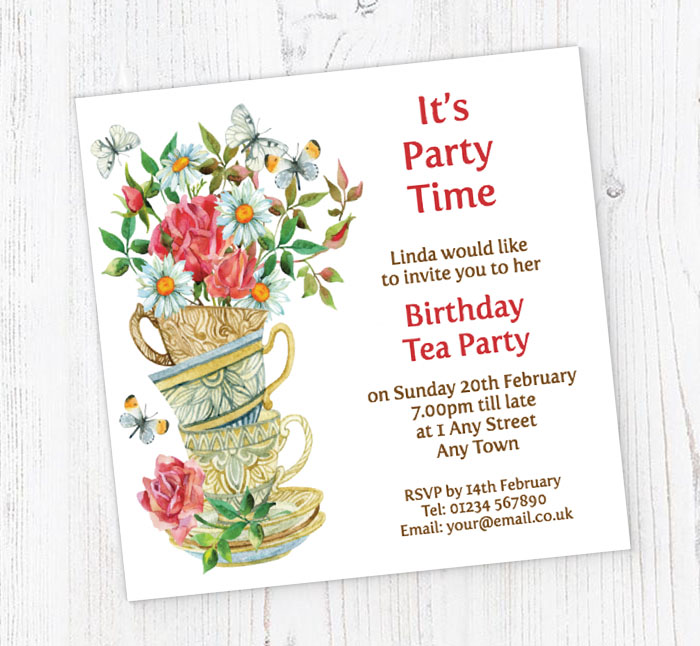 watercolour tea cups party invitations