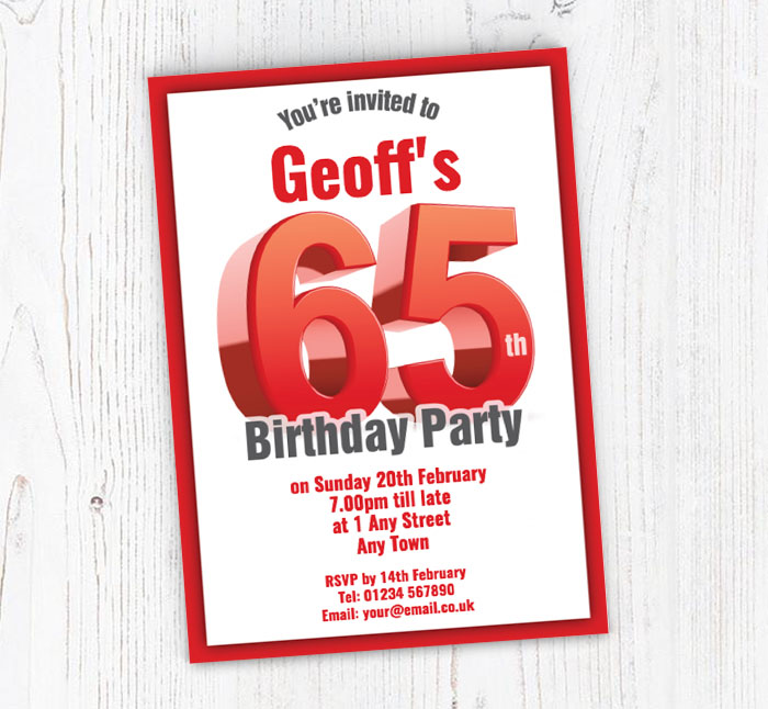 big red 65th birthday party invitations