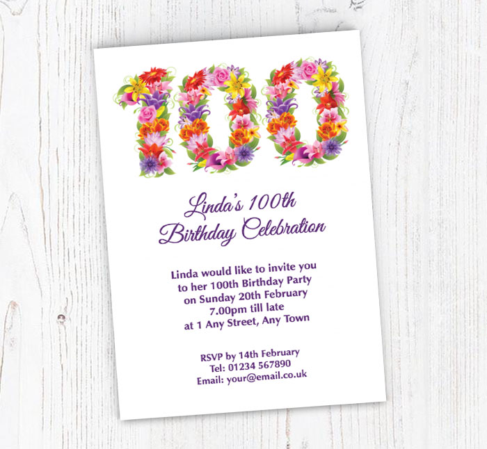 floral 100th birthday party invitations