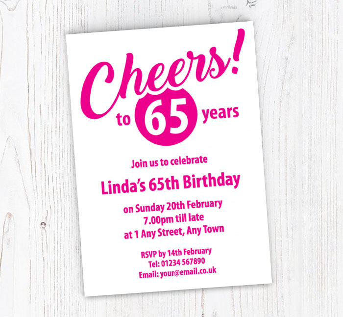 pink cheers to 65 years invitations