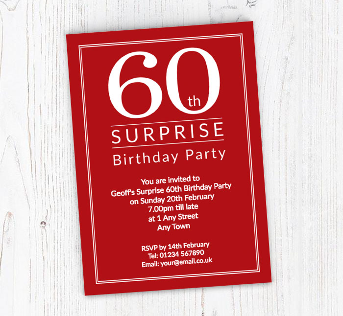Surprise 60th Birthday Party Invitations | Personalise Online Plus Free Envelopes | Putty Print