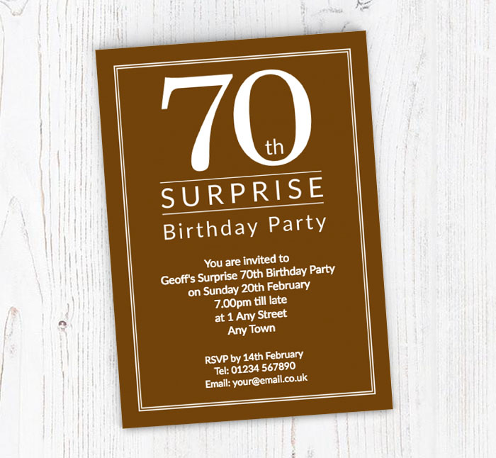 Surprise 70th Birthday Party Invitations | Personalise Online Plus Free Envelopes | Putty Print