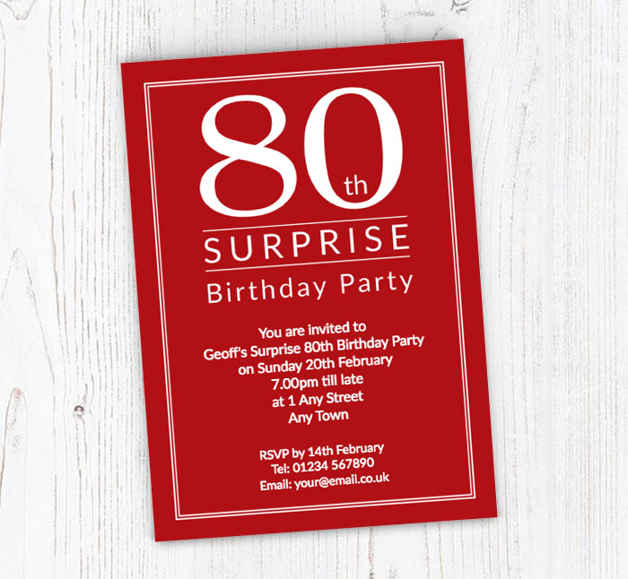 Surprise 80th Birthday Party Invitations | Personalise Online Plus Free Envelopes | Putty Print