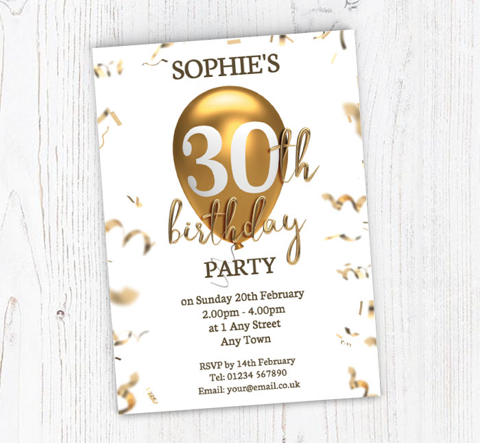 30th gold balloon party invitations