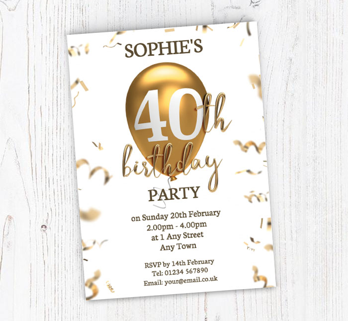 40th gold balloon party invitations