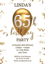 65th gold balloon party invitations