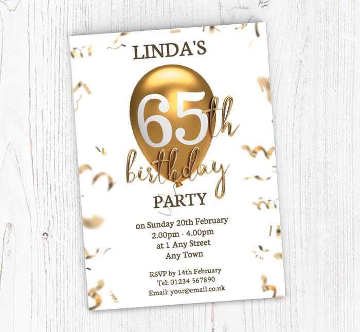65th gold balloon party invitations