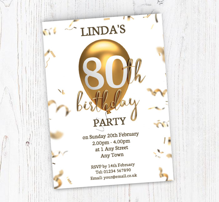 80th gold balloon party invitations