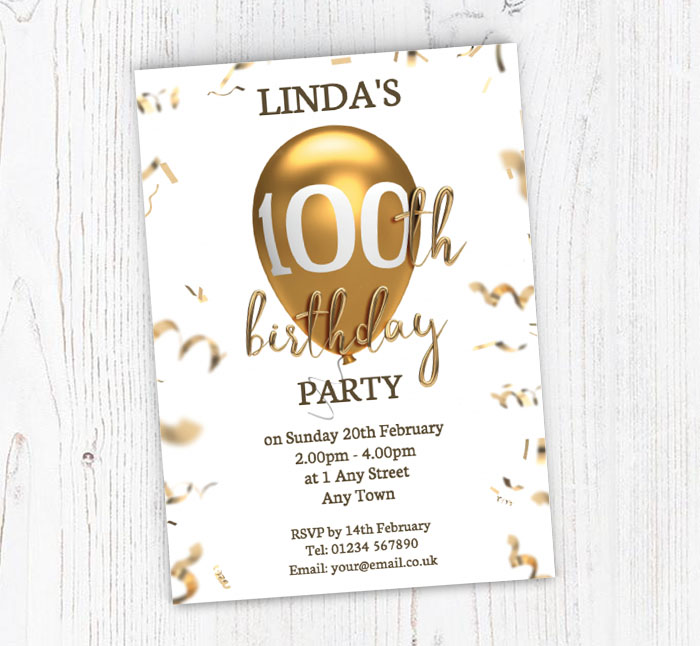 100th gold balloon party invitations