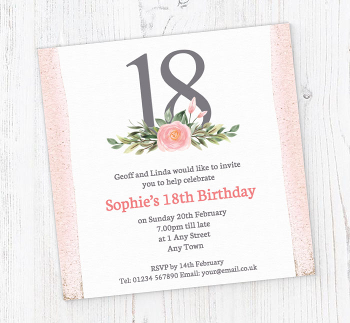 pink 18th square party invitations