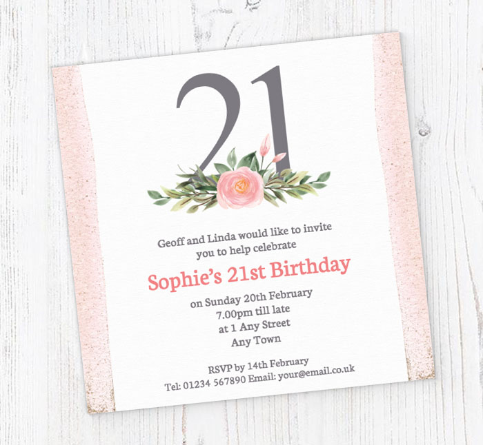 pink 21st square party invitations