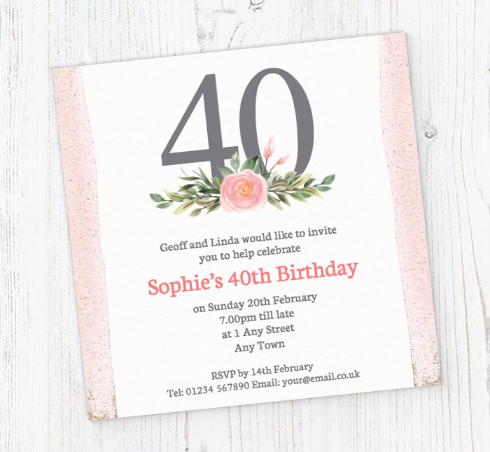 pink 40th square party invitations