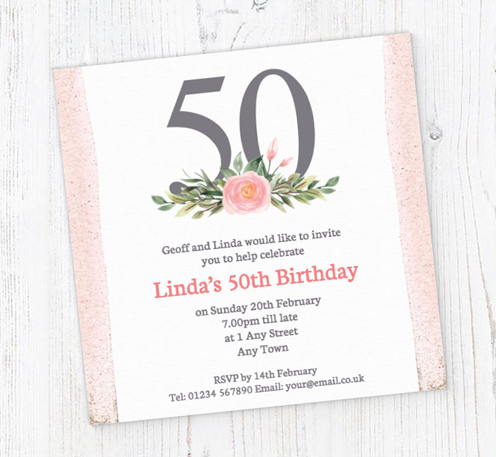 pink 50th square party invitations