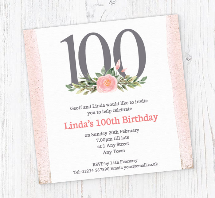 pink 100th square party invitations