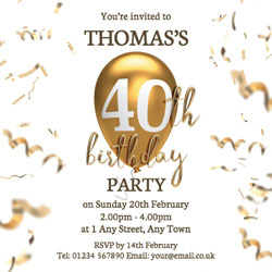 40th gold birthday balloon invitations