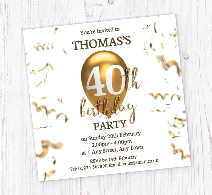40th gold birthday balloon invitations