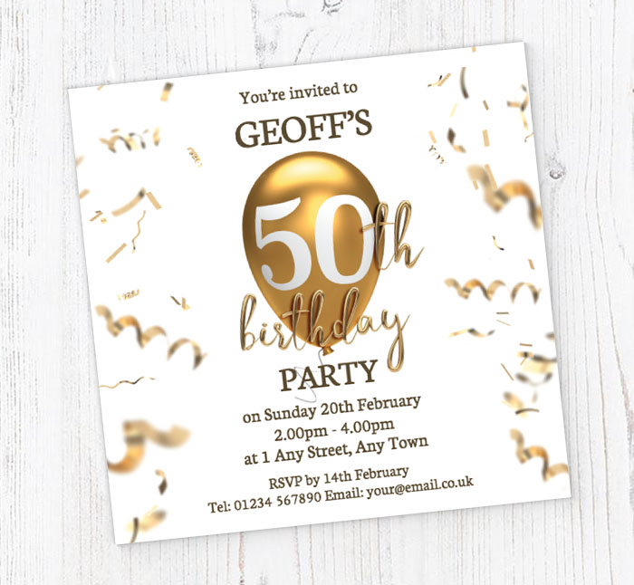 50th gold birthday balloon invitations