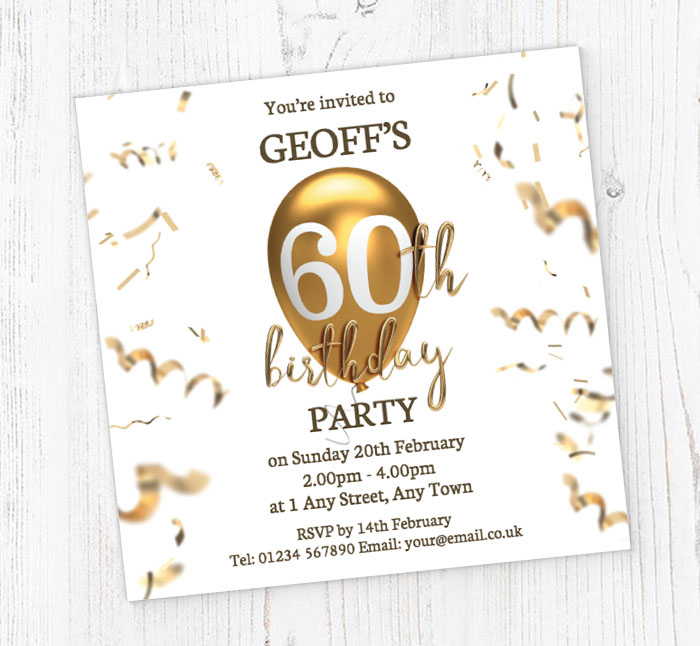 60th gold birthday balloon invitations