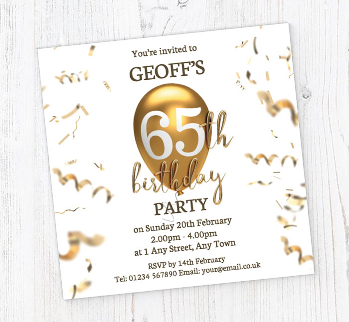 65th gold birthday balloon invitations