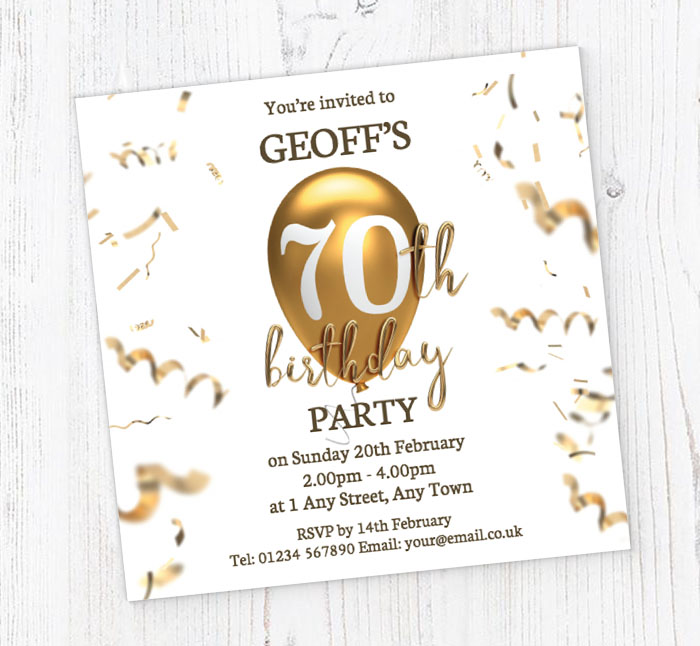 70th gold birthday balloon invitations