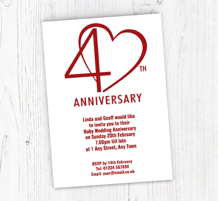 Wedding Anniversary Invitations /& Envelopes 1 Pack of 10 40th Ruby