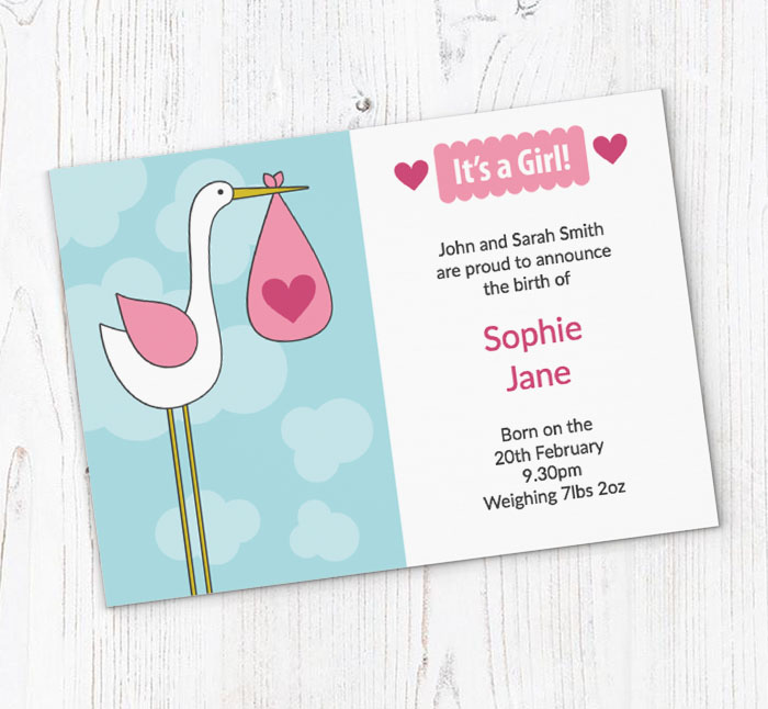 pink baby stork announcements